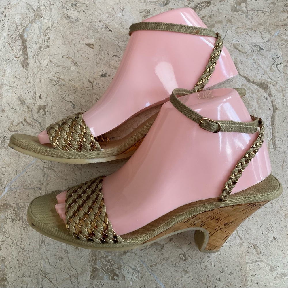 Vintage Open Toe Cork Wedge Ankle Strap Sandal Made in Taiwan R.O.C Size 9B